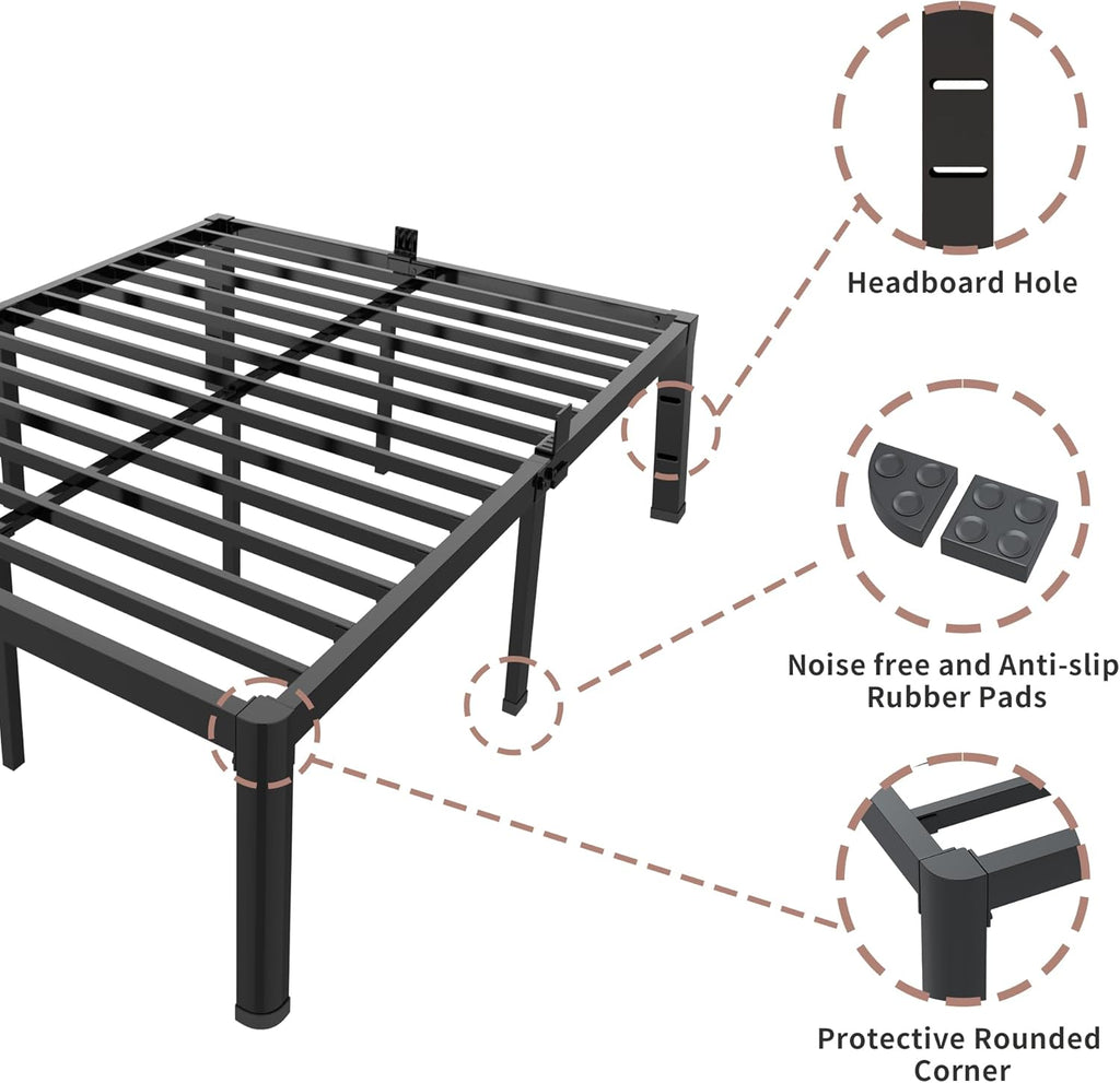 18 Inch Queen Bed Frame with Rounded Corner and Headboard Hole Mattress Retainers 3500LBS Metal Heavy Duty Steel Slats