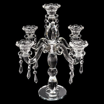 Modern Crystal Candle Holder Candelabra, 5 Arm 14 Inch Tall Clear Taper Candlestick Holders Vintage Wedding