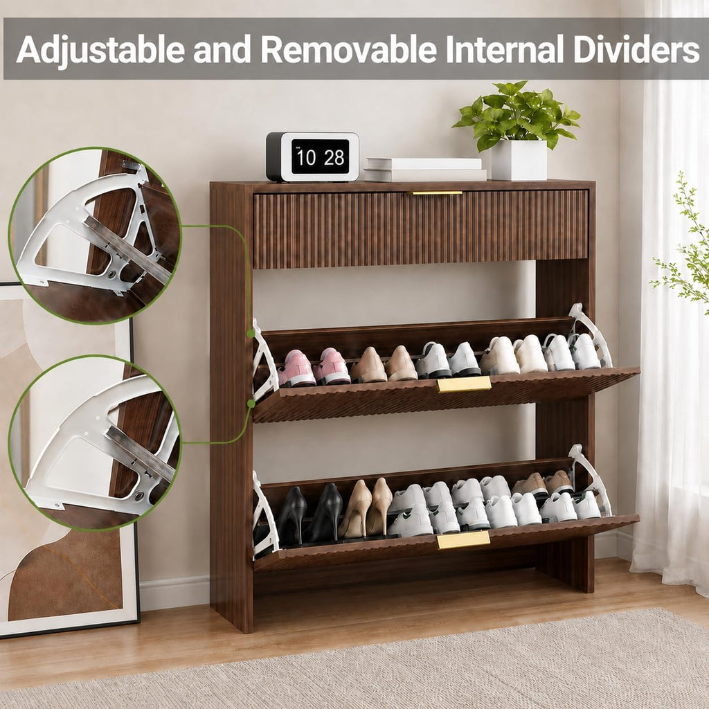 Shoe Storage Cabinet with Gold Pull Handles Narrow Fluted Entryway Shoe Organizer, Freestanding Drawer Rack Bedroom