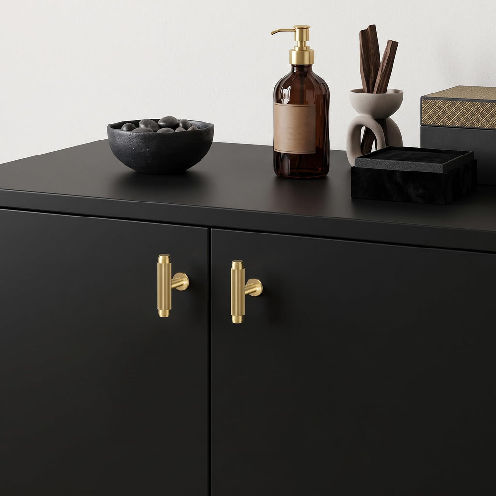 Solid Brass Cabinet Knobs, Single Hole T Bar Handles
