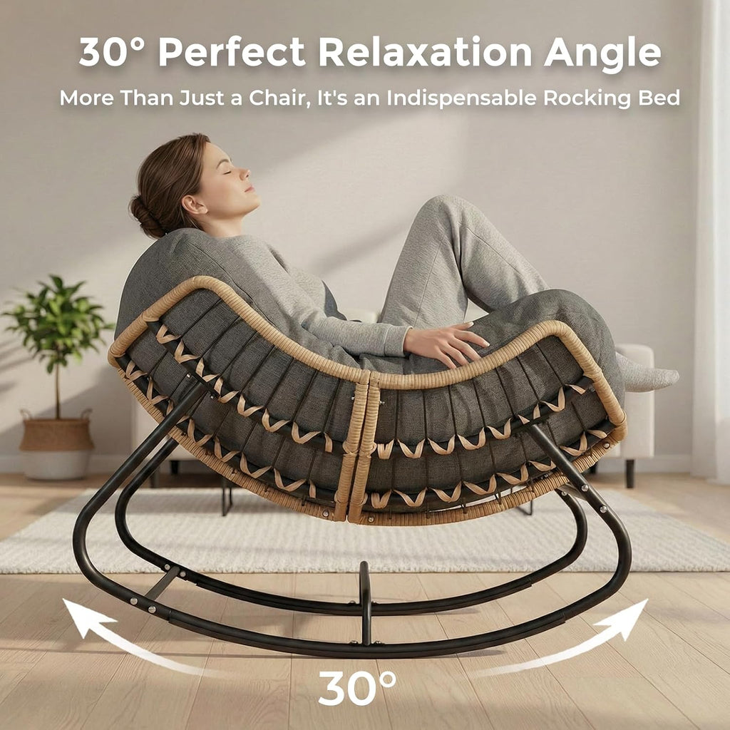 Papasan Rocking Chair Outdoor, Oversized Patio Egg Chair with Thick Cushion, Indoor Wicker Lounge Rocker Bed for