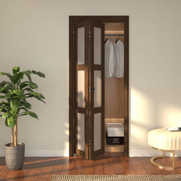 30in Bifold Closet Door, 3-Lite Frosted Glass, Brown, Hardware