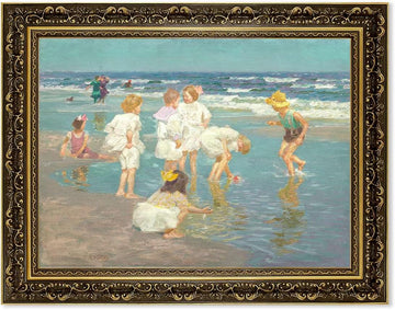 Framed Vintage Wall Art Children Playing at the Beach Poster Canvas Print Oil Paintings Reproduction World Classics