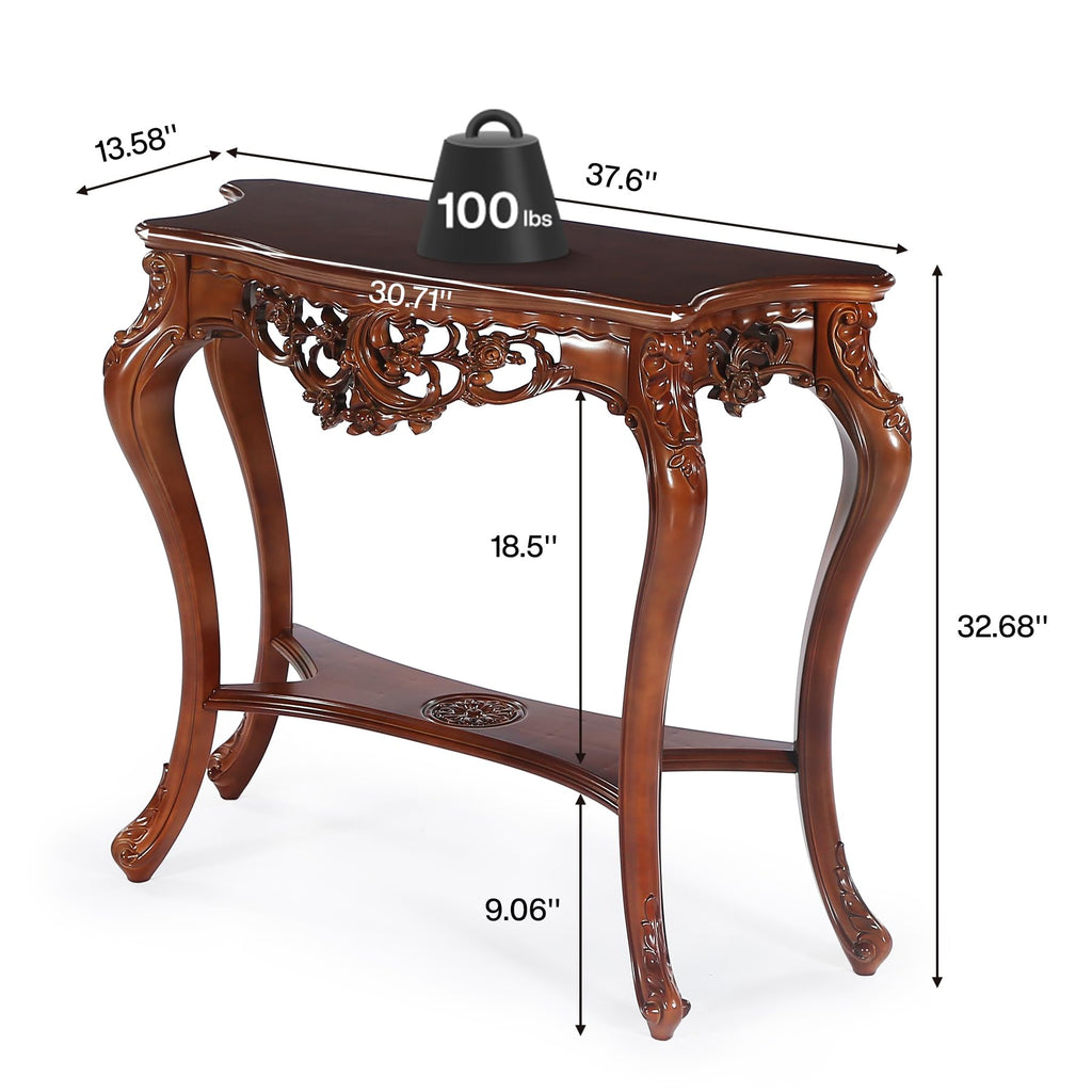 Antique Console Table, 38 Inch Victorian Half Moon Sofa Table with Hollow Floral Apron and Cabriole Legs, Vintage