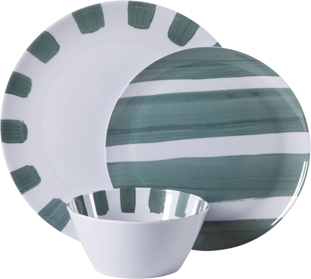 Cottage Stripes 12-Piece Melamine Plates and Bowls Dinnerware Set - Outdoor, Camping, & Everyday Use - Assorted Colors