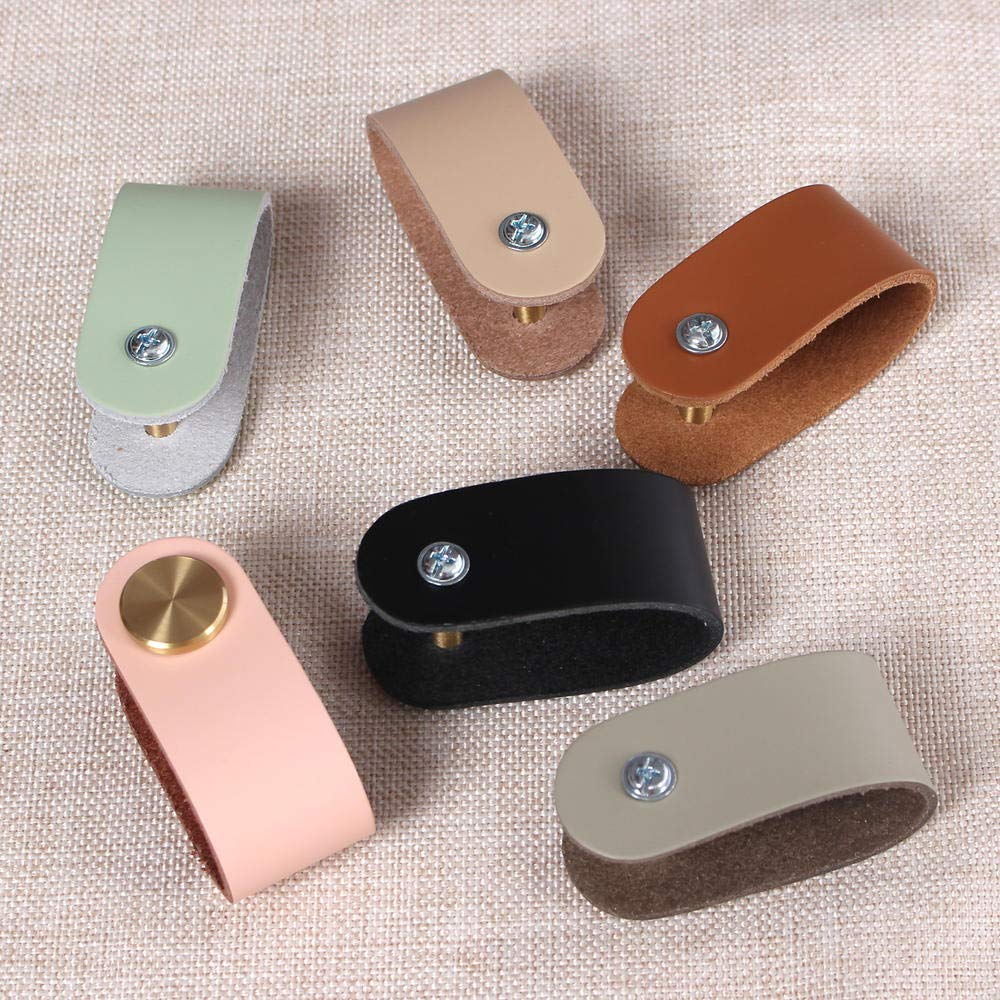 6 Pieces Leather Pulls for Drawer, Handmade Leather Drawer Pulls Cabinet Dresser Door Handle Knobs with Screw, Light