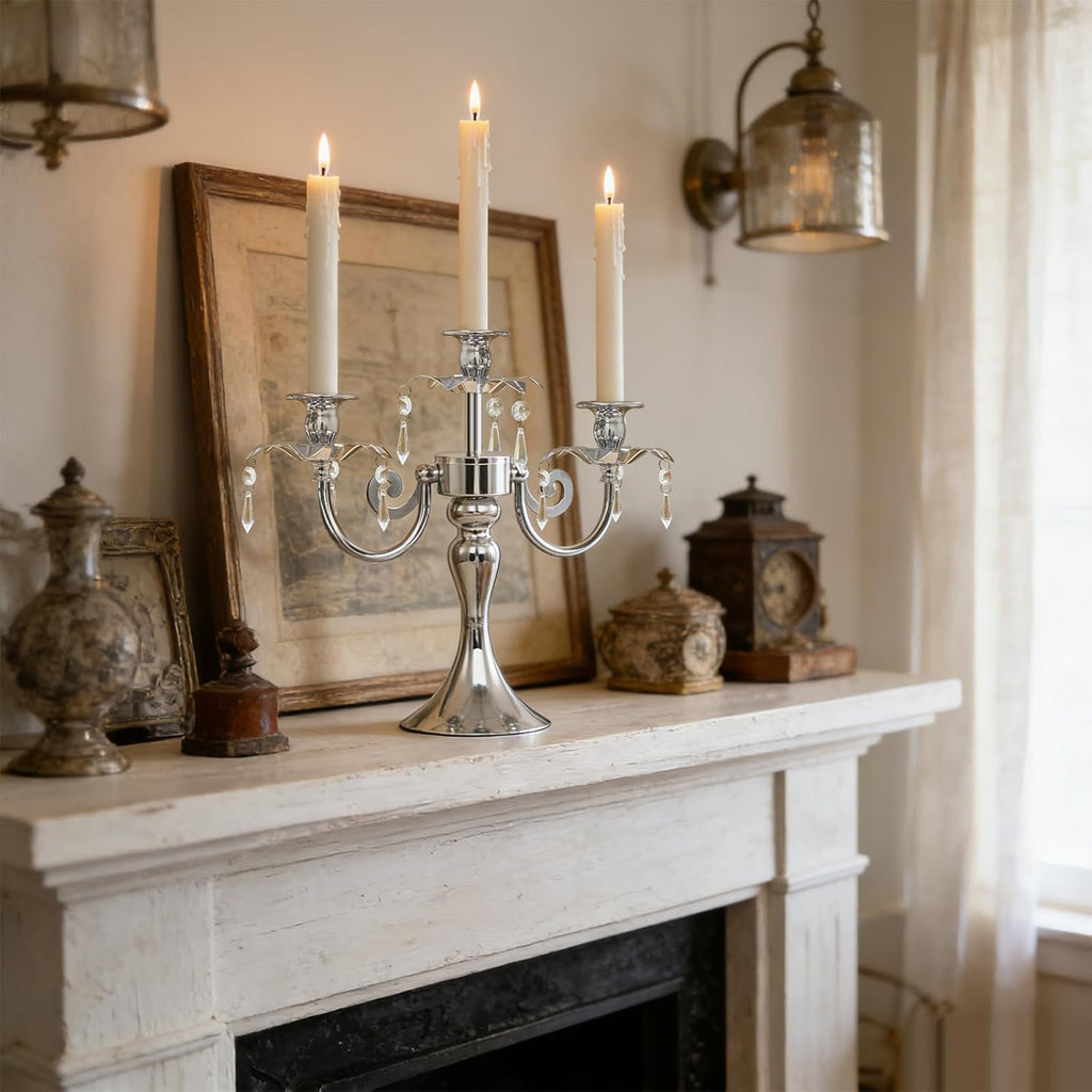 Metal 3 Arm Candelabra with Crystal Pendants - 11.8 Inch Tall Candle Holders, Set of 2 - Elegant Taper Candlestick