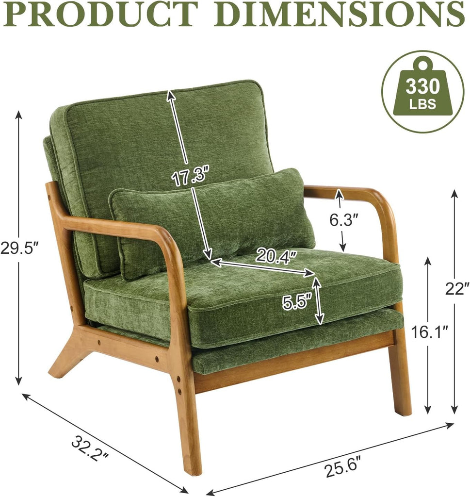 Mid Century Modern Accent Chair with Lumbar Pillow & Oak Arms - Plush Chenille Living Room Chair , Lounge (Olive