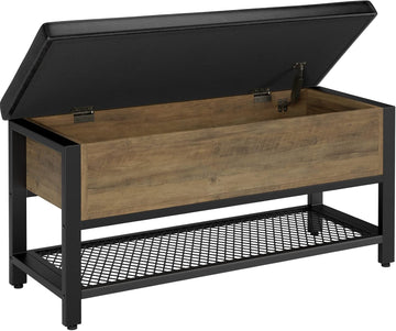 40" W Storage Bench, Entryway Shoe Bench with Cushion, Rustic Brown | Wood Metal Bench with Flip-Open Hidden Storage