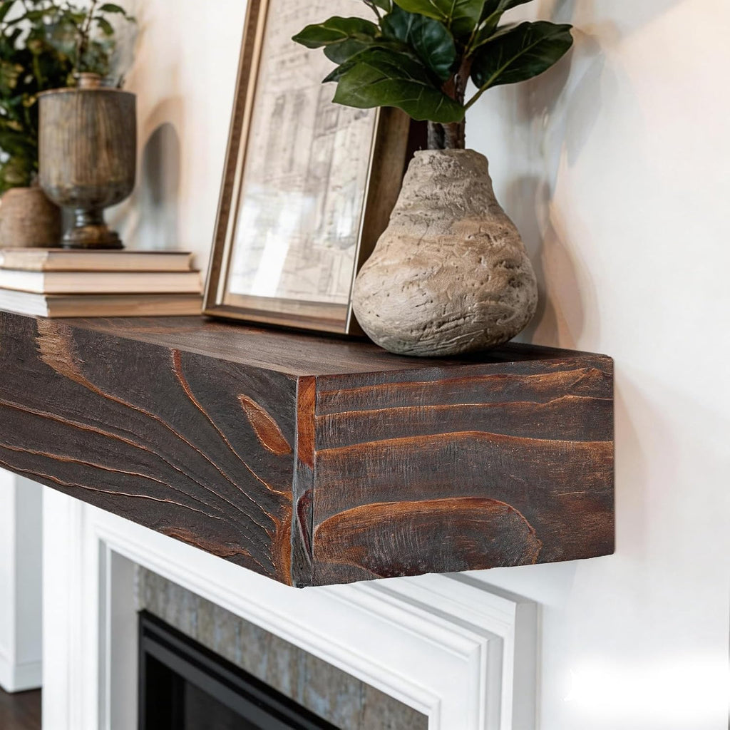 72" Solid Wood, Rustic Mantel Shelf Wall Mounted for Over Fireplace, Farmhouse Hanging Shelf, Rustic Brown