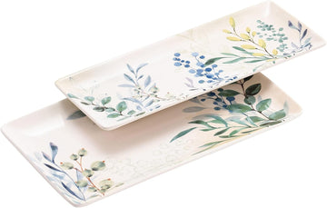 Botanical Valley Ceramic 14 inch Rectangular Serving Platter, Set of 2, for Serving Salad, Pasta, Cheese, Ham