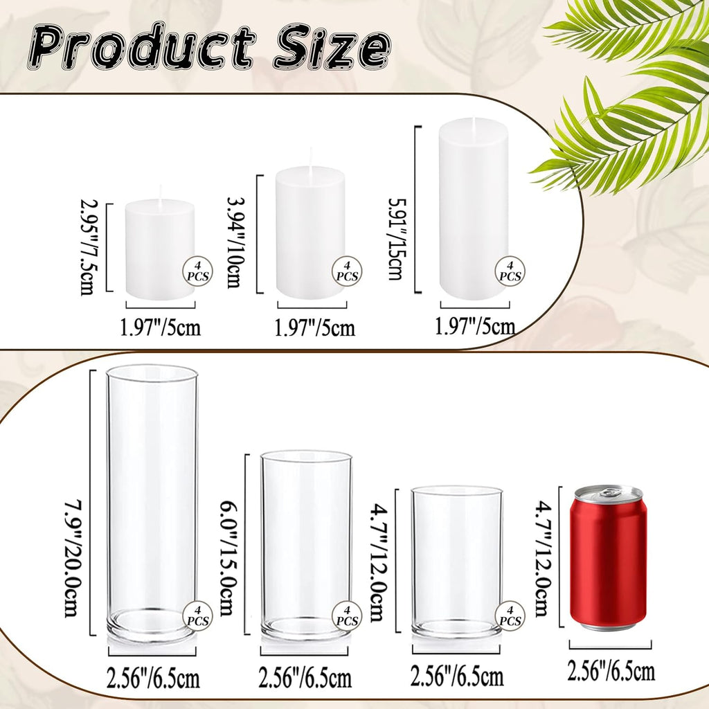 24 PCS White Pillar Candles with Glass Cylinder Vases Hurricane Glass Candle Holders for Pillar Candles Cylinder