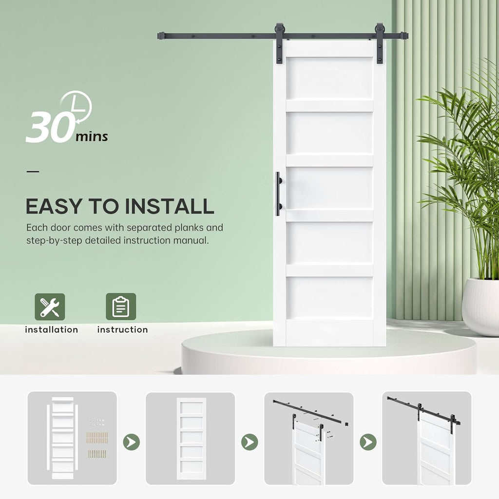 30x96 Inch White Sliding Barn Door Slab with 5.5ft Hardware Kit Included, 5-Panel, MDF Wood Panel Co