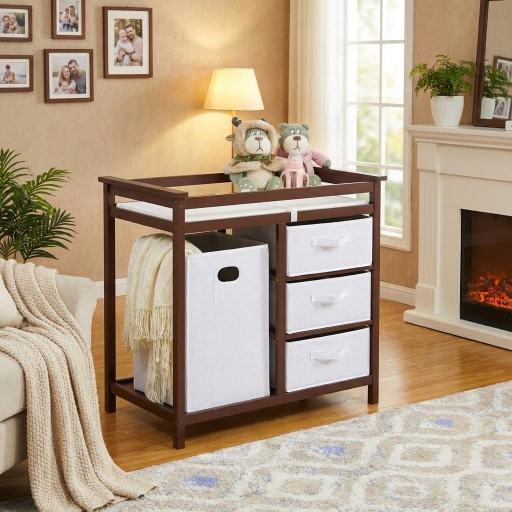 Modern Baby Changing Table with Laundry Hamper & 3 Drawers | Solid Wood Nursery Dresser Supports 40 Lbs, with Safety