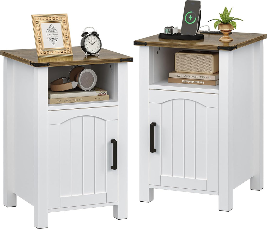 Farmhouse Nightstand with Charging Station, Set of 2 End Table with USB/Type-C Ports, Rustic Bedside Table with Large