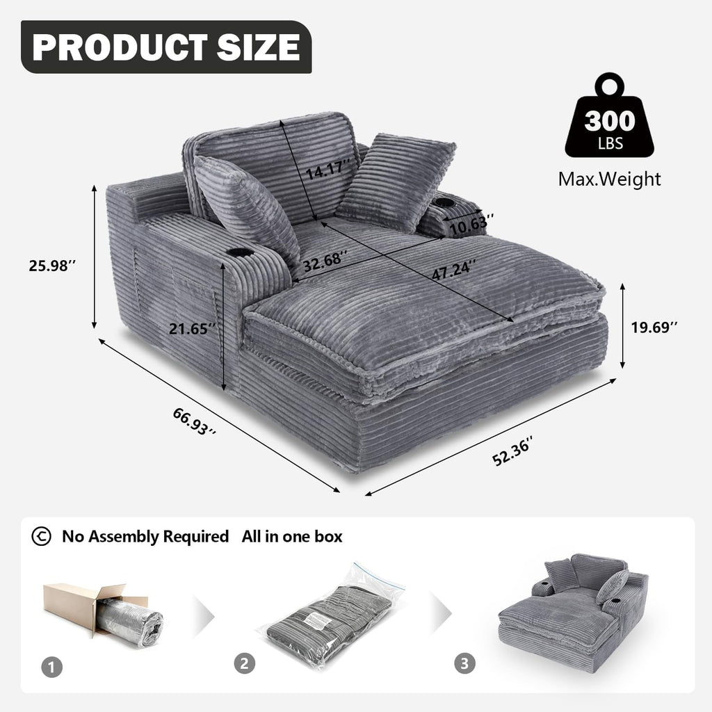 67" Oversized Chaise Lounge Chair Indoor, Soft Boneless Cloud Couch, Gray | Comfy Corduroy Sleeper Couch with 3