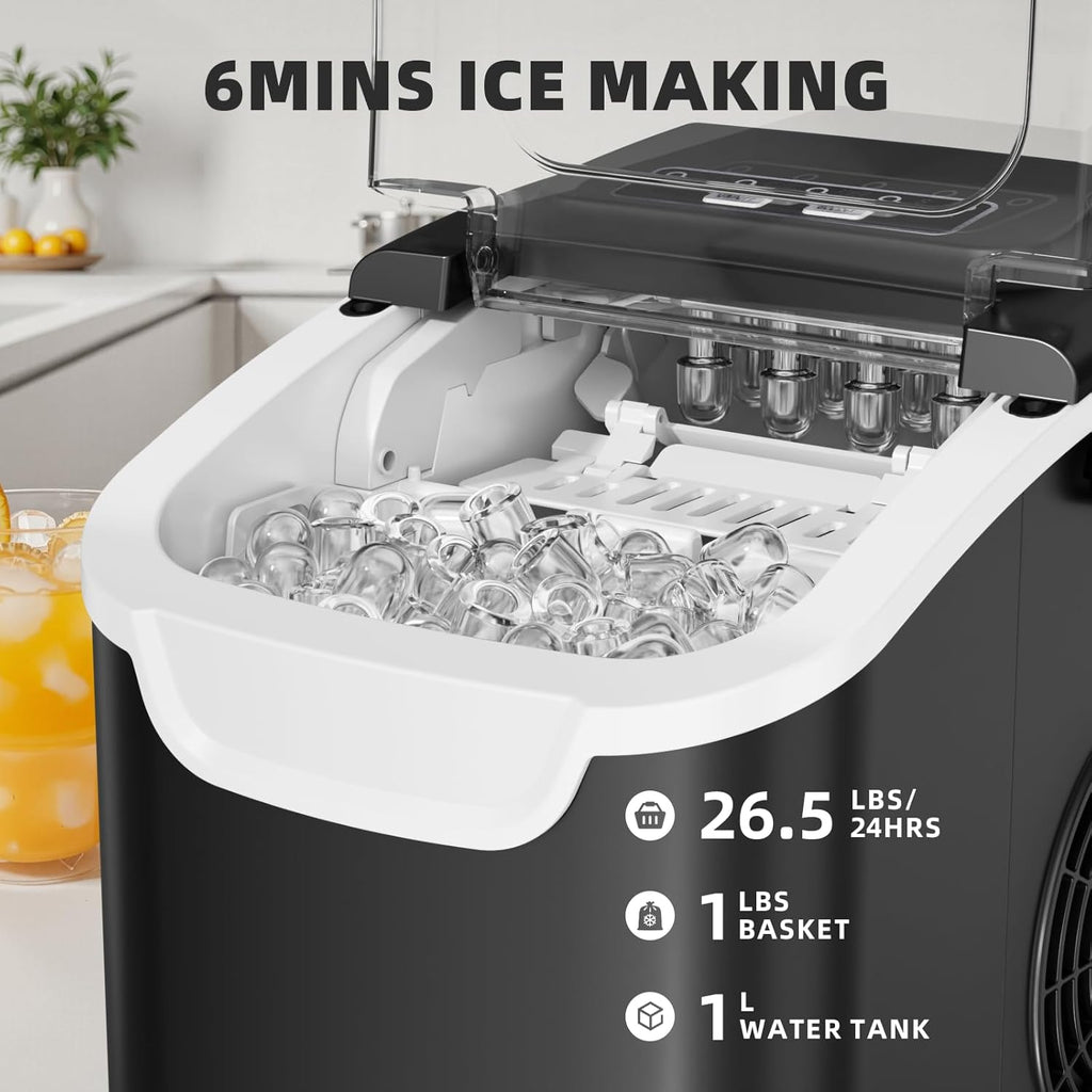Countertop Ice Maker Machine, 8 Cubes in 6 Mins, 26.5 lbs/Day, Self-Cleaning, 2 Sizes, Ultra-Quiet