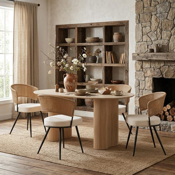 Rattan Dining Chairs Set of 4, Wicker Dining Chairs Set of 4 with PE Rattan Back,Wing Back Kitchen Chair with Boucle