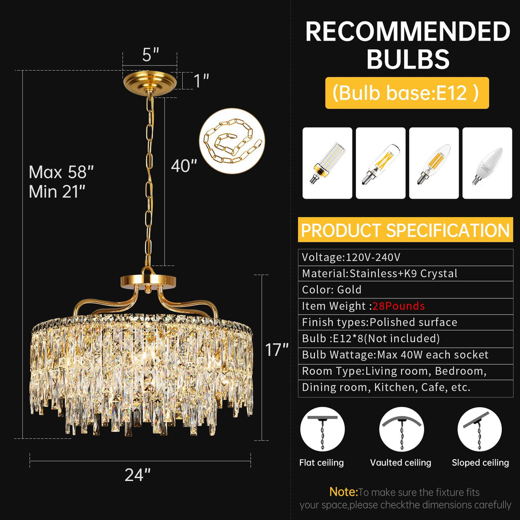 24" 8 Lights Gold Crystal Chandeliers Light Fixture