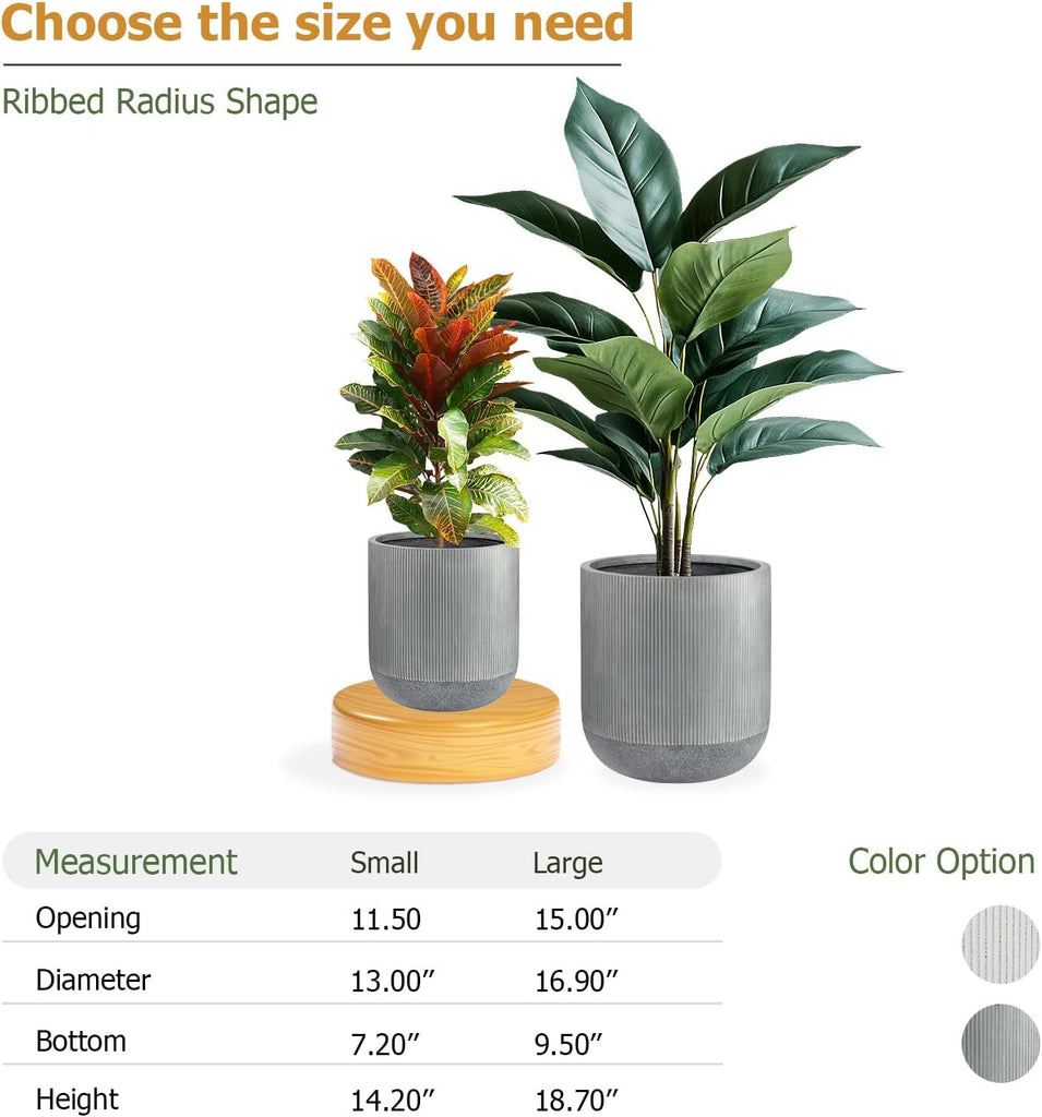 18.7" H x 16.9" D Premium Radius Fiberstone Planter - Charcoal | 15" Pot Opening, Ribbed, Included 2 Extra Coco Mats