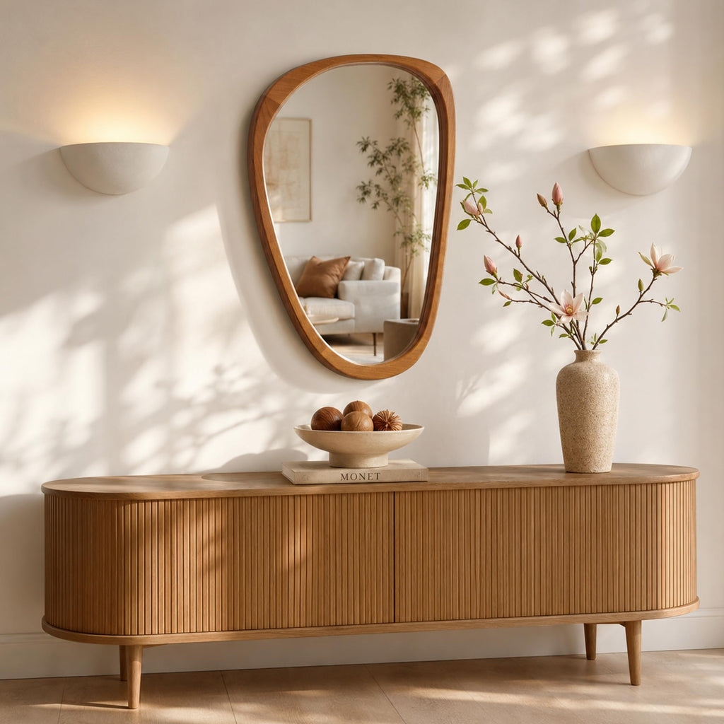 24x36 Inch Warm Walnut Irregular Solid Wood Bathroom Vanity Mirror