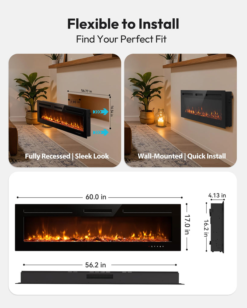60 Inch Electric Fireplace Recessed Wall Mounted