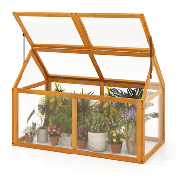 Wood Cold Frame Greenhouse, Portable Raised Flower Planter Protection with Transparent Panels & Adjustable Roof