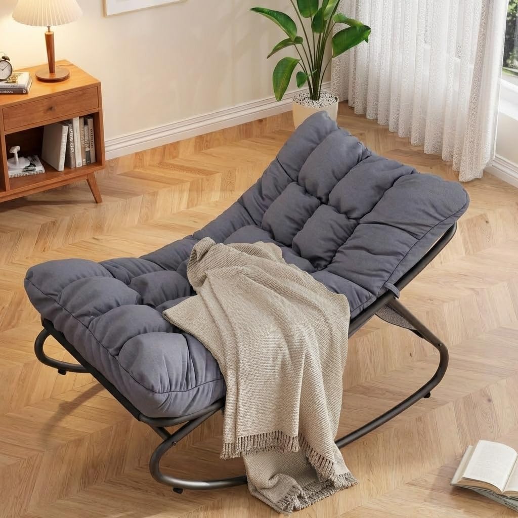 Outdoor Papasan Rocking Chair, Oversized Metal Frame Egg Rocker with Thick Waterproof Cushion, 450 lbs, Comfy Lounge