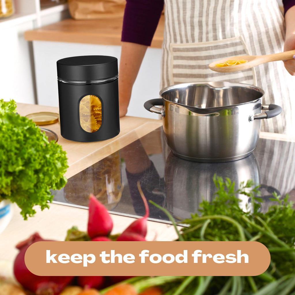 6 Pack Airtight Stainless Steel Kitchen Canisters, Black, 20 oz