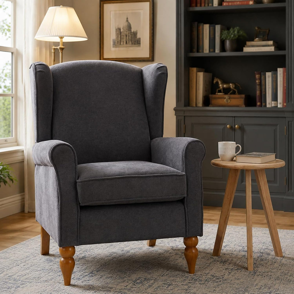 High Back Wingback Accent Chair, Modern Upholstered Armchair Comfy Reading Chair with Solid Wood Legs Bedroom
