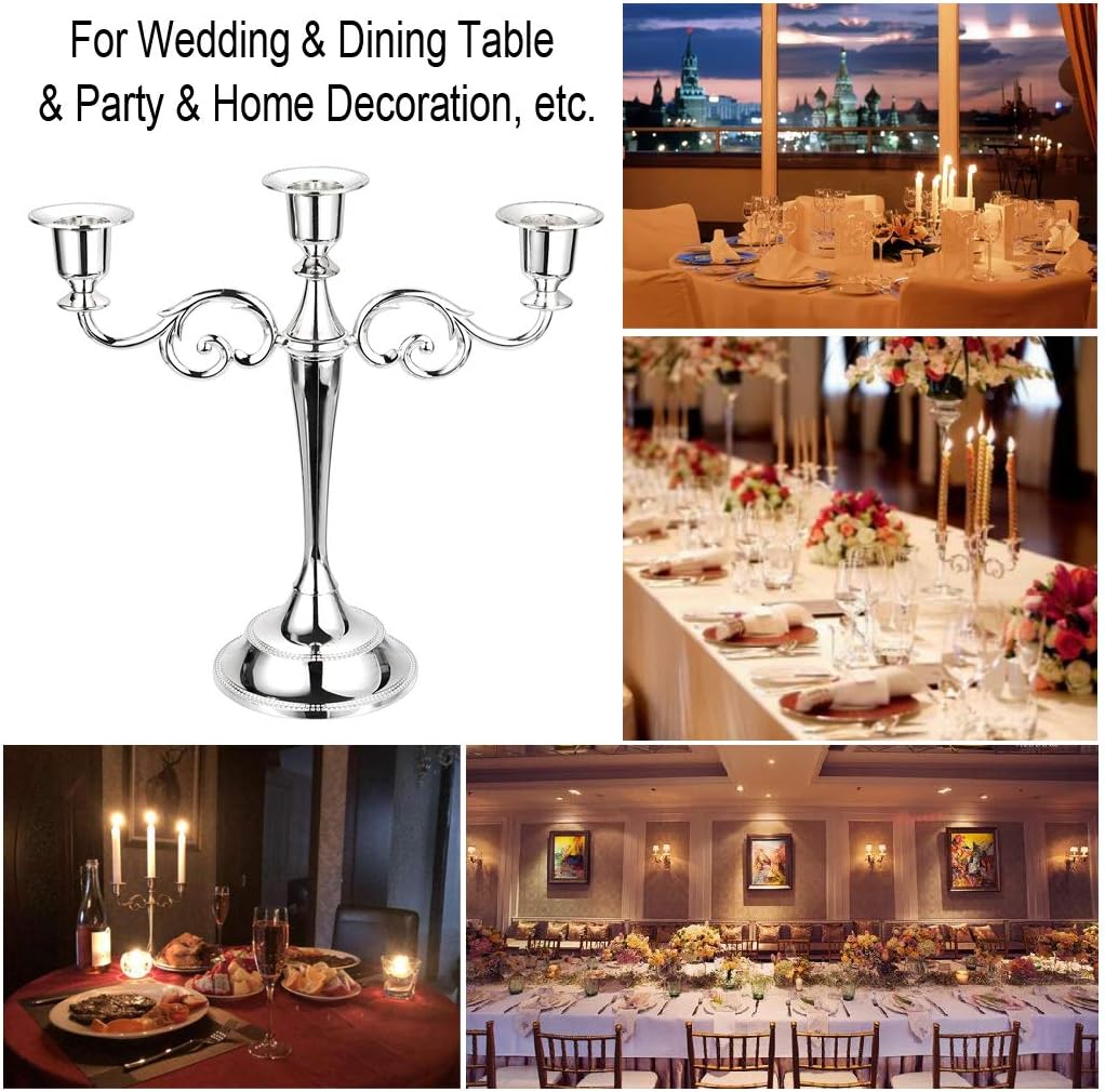 3 Arms Metal Candelabra Candlestick Silver European Elegant Candle Holder Candle StandHome Decoration (Silver Tone)