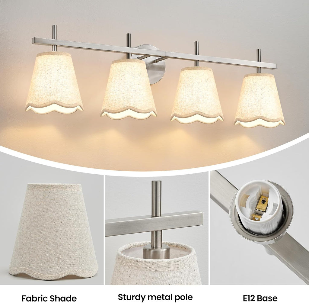 4-Light Bathroom Light Fixtures, Brushed Nickel Vanity Light,Modern Vanity Lights with Scalloped Linen Fabric Shade