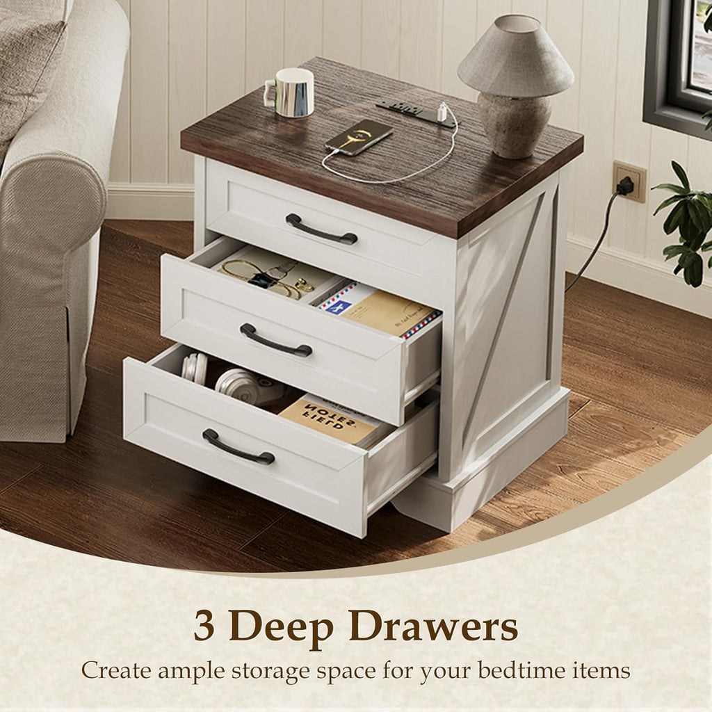 Farmhouse Nightstand with Charging Station, 24 Inch Bedside Tabe with 3 Drawers, Rustic End Table with USB and Outlet