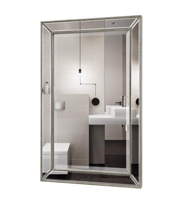 Metro Beaded Wooden Frame Bathroom Mirror 24"x36" Large Framed Deco Wall Mirror with Angled Beveled Frame Entryways