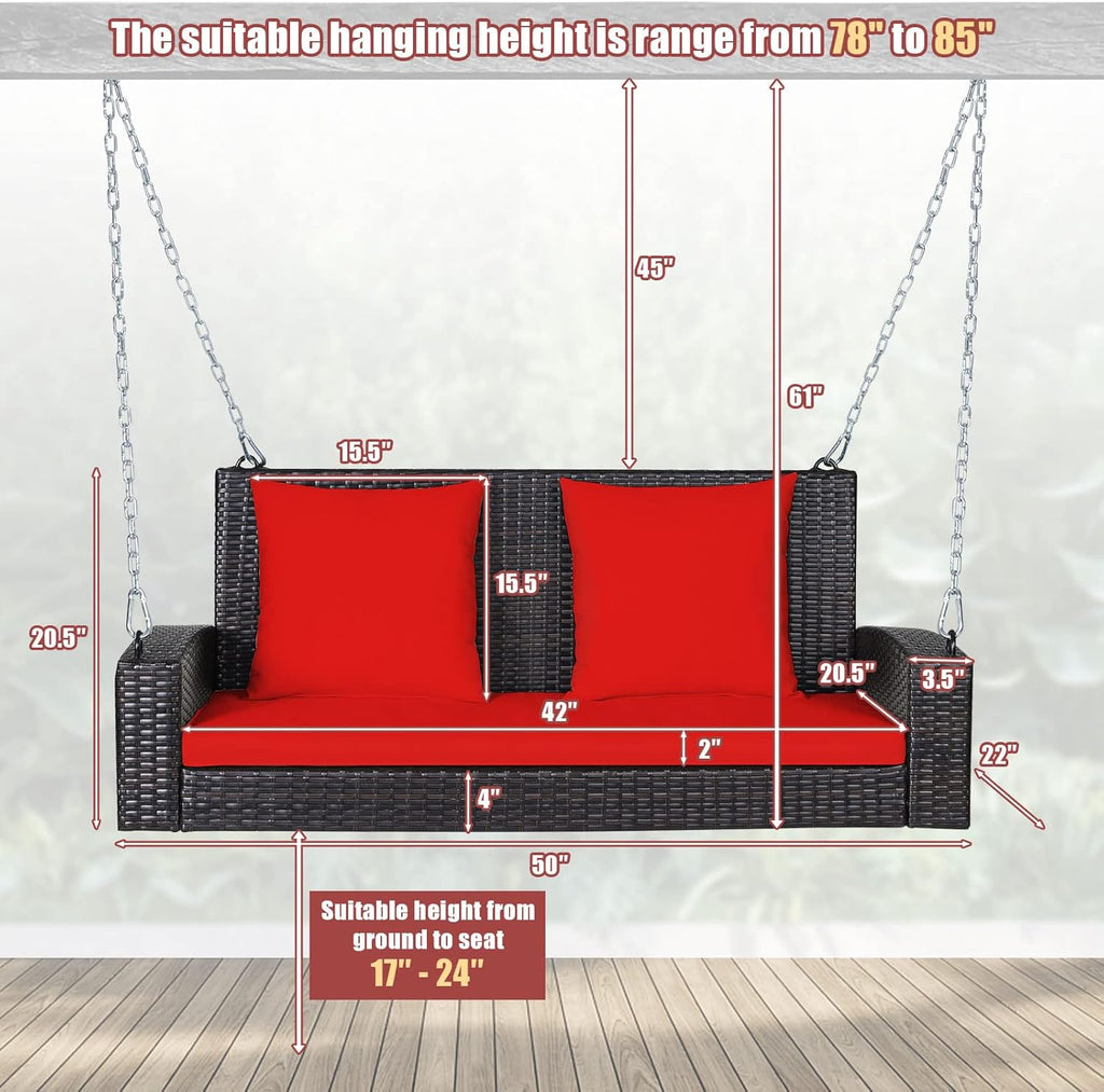 2-Person Wicker Porch Swing, Patiojoy Outdoor Rattan Hanging Swing Bench W/ 2 Back Cushions & 1 Seat Cushion, Sturdy