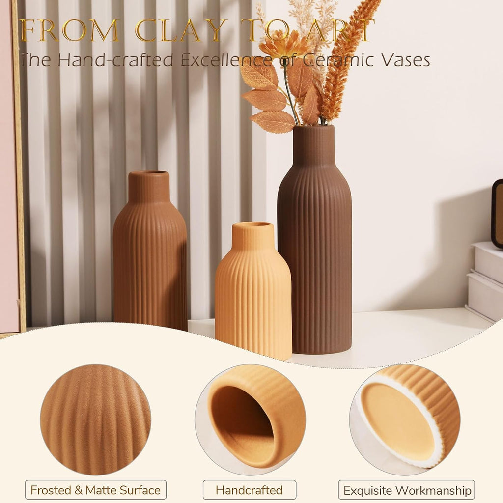 Ceramic Vase Set of 3 - Handcrafted Ceramic Vases Decor & Shelf - Modern Farmhouse Decor Decorative Objects for