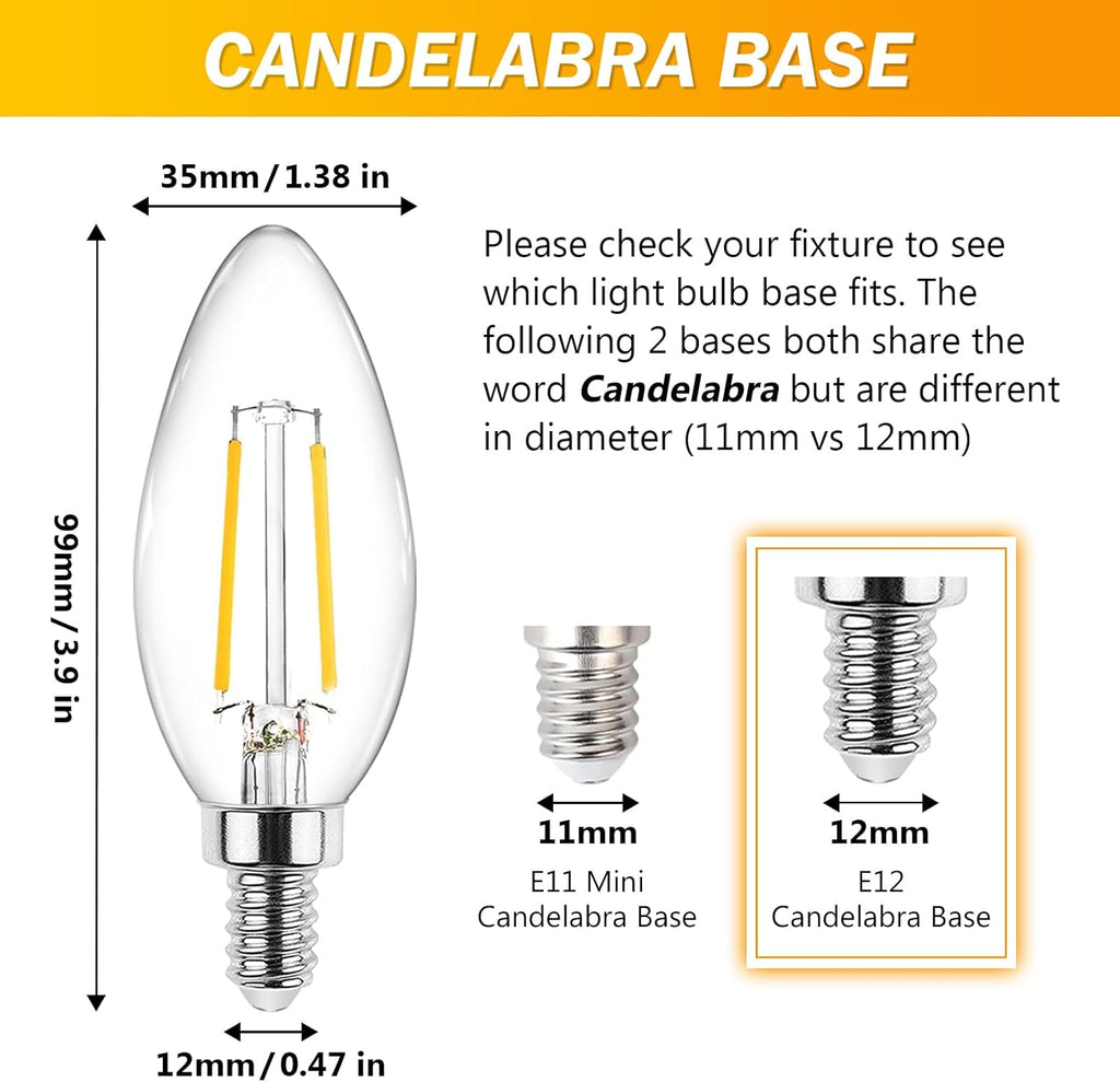 E12 LED Classic Candelabra Clear Light Bulb, 4W, Equivalent 40W, Warm White 2700K, Non-Dimmable, Filament Clear