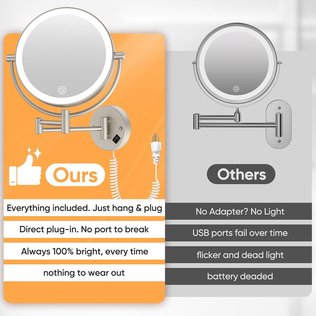 Plug in Wall Mounted Lighted Makeup Mirror 1X/30X Magnifying, AC Powered Double-Sided Magnification