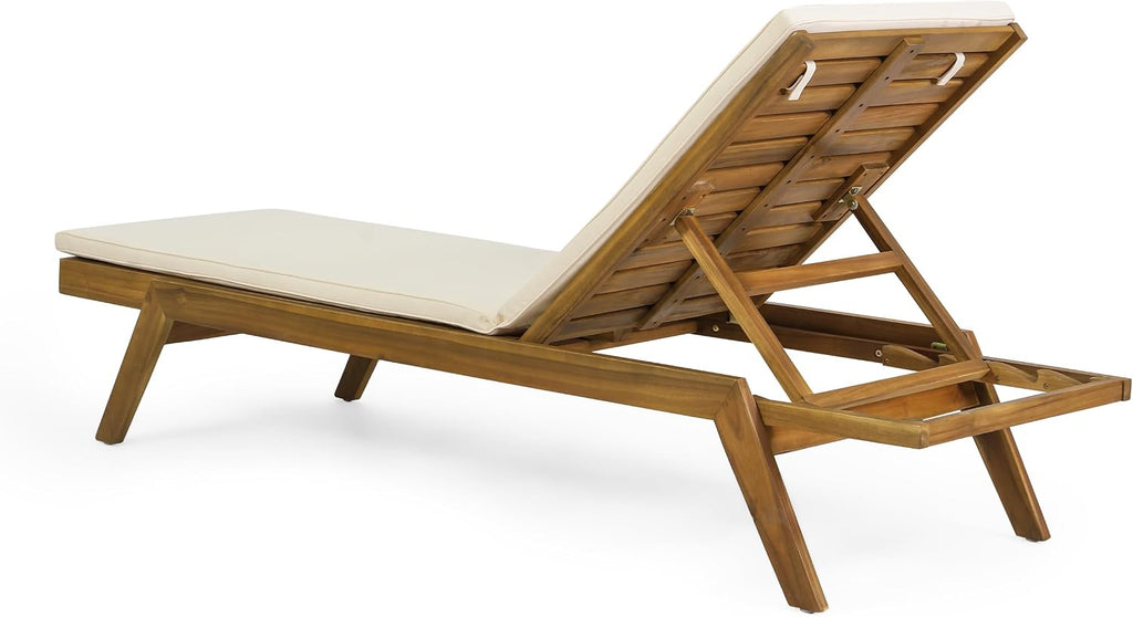 Outdoor Chaise Lounge Chair Set of 2, Acacia Wood Lounge Chair with 5-Position Adjustable Back and Cushion, Patio