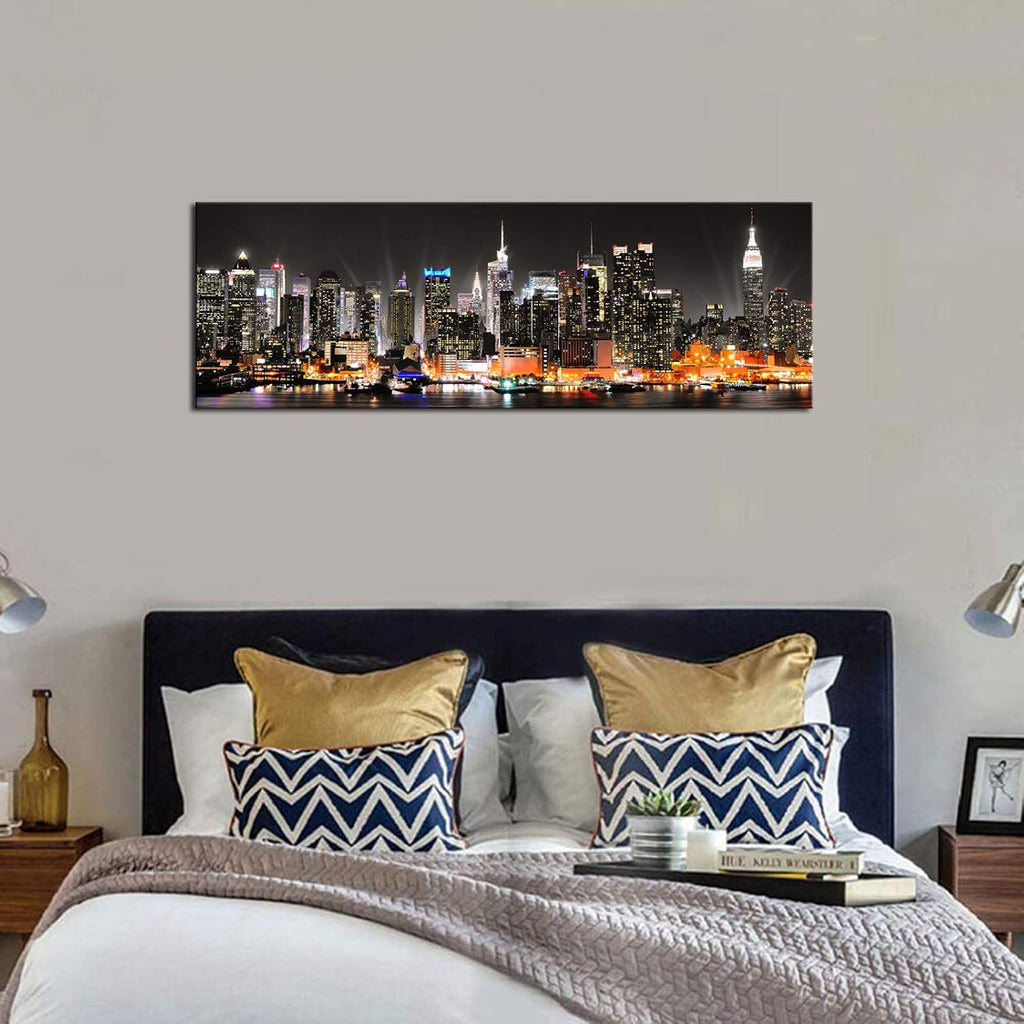 New York City Canvas Wall Art Manhattan Skyline at Night Picture Prints Framed NYC Skyline Landscape Artwork Modern