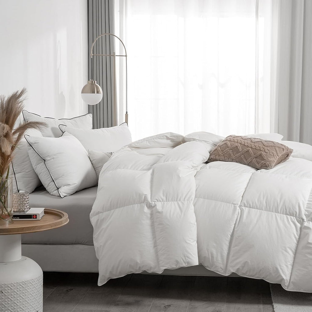Twin Feathers Down Comforter - Ultra Soft All Seasons 100% Organic Cotton Duvet Insert Medium Warm Quilted Bed