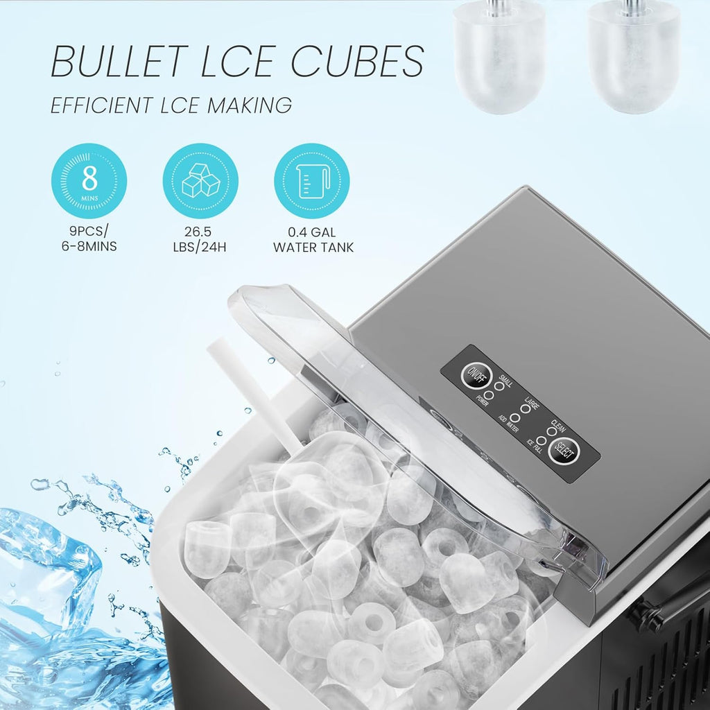 Ice Makers Countertop, Portable Ice Machine with Handle, 6 Mins 9 Bullet Ice Cubes with Basket and Scoop, 26lbs