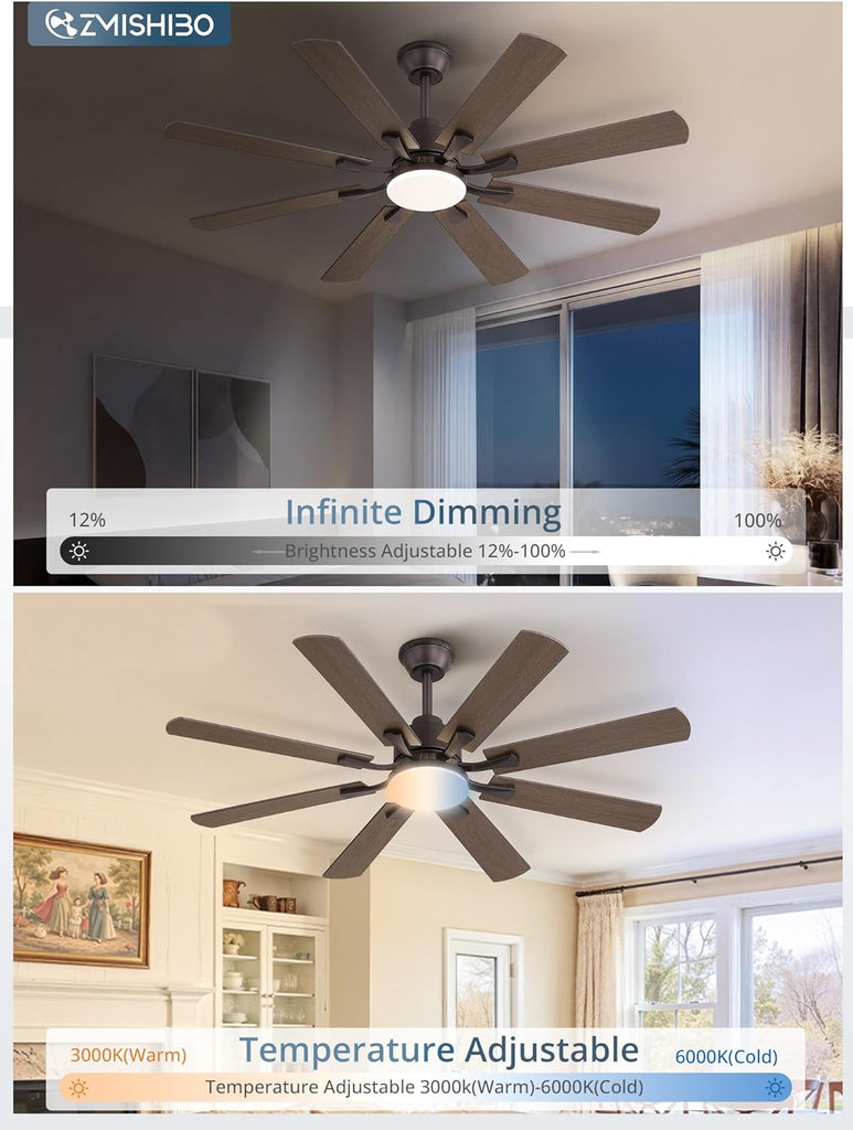 52 inch Ceiling Fan with Light and Remote, 8 Blades Ceiling Fans with 20W LED Light, Quiet DC Motor, 6 Speeds