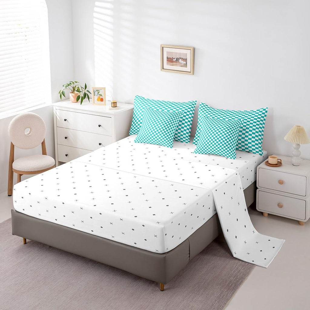 Teal Checkered Comforter Set with Sheets 7 Piece