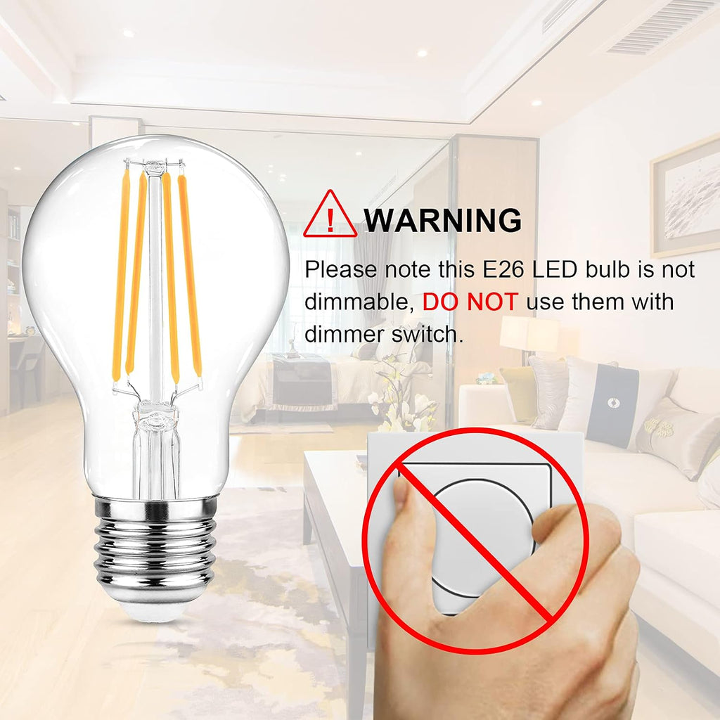60 Watt Equivalent, E26 LED Filament Light Bulbs, Warm White 2700K, Non-Dimmable, Classic Clear Glass, A19 LED Light - Set of 6