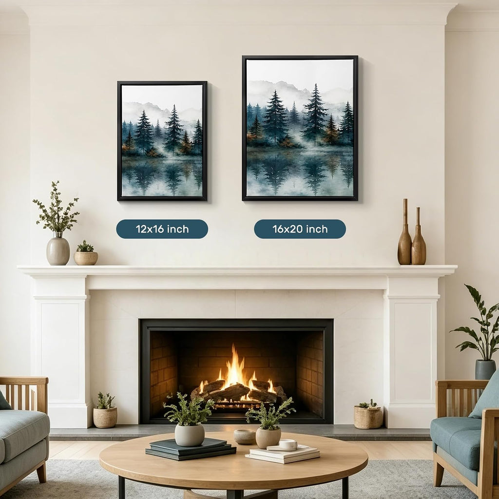 Framed Nature Mountain Wall Art, 3 Piece Forest Watercolor Canvas Prints, Misty Lake Landscape Pictures Bedroom