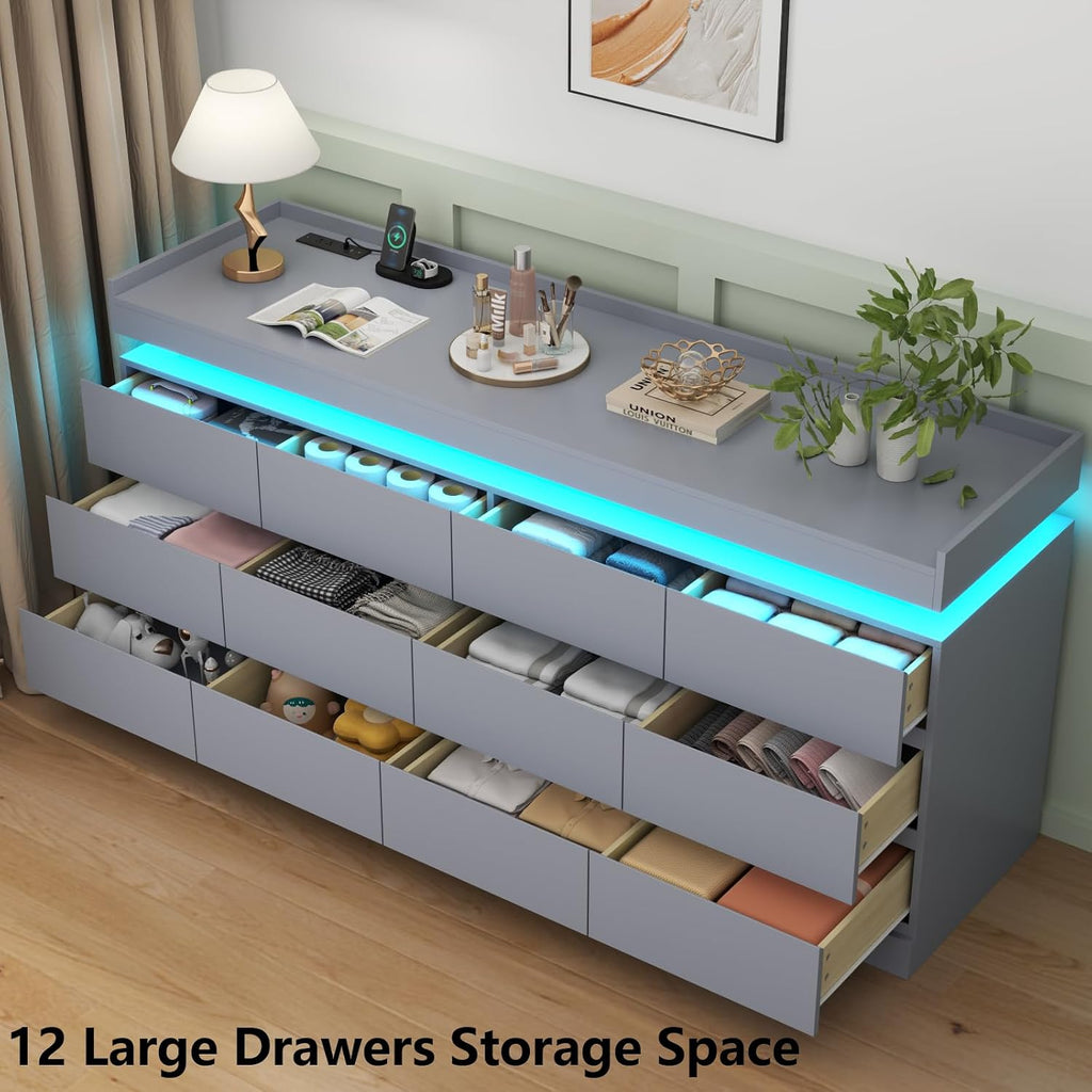 12 Drawer Dresser with Power Outlet, Modern Dresser with LED Light | Chest of Drawers for Closet, Double Wide Drawer