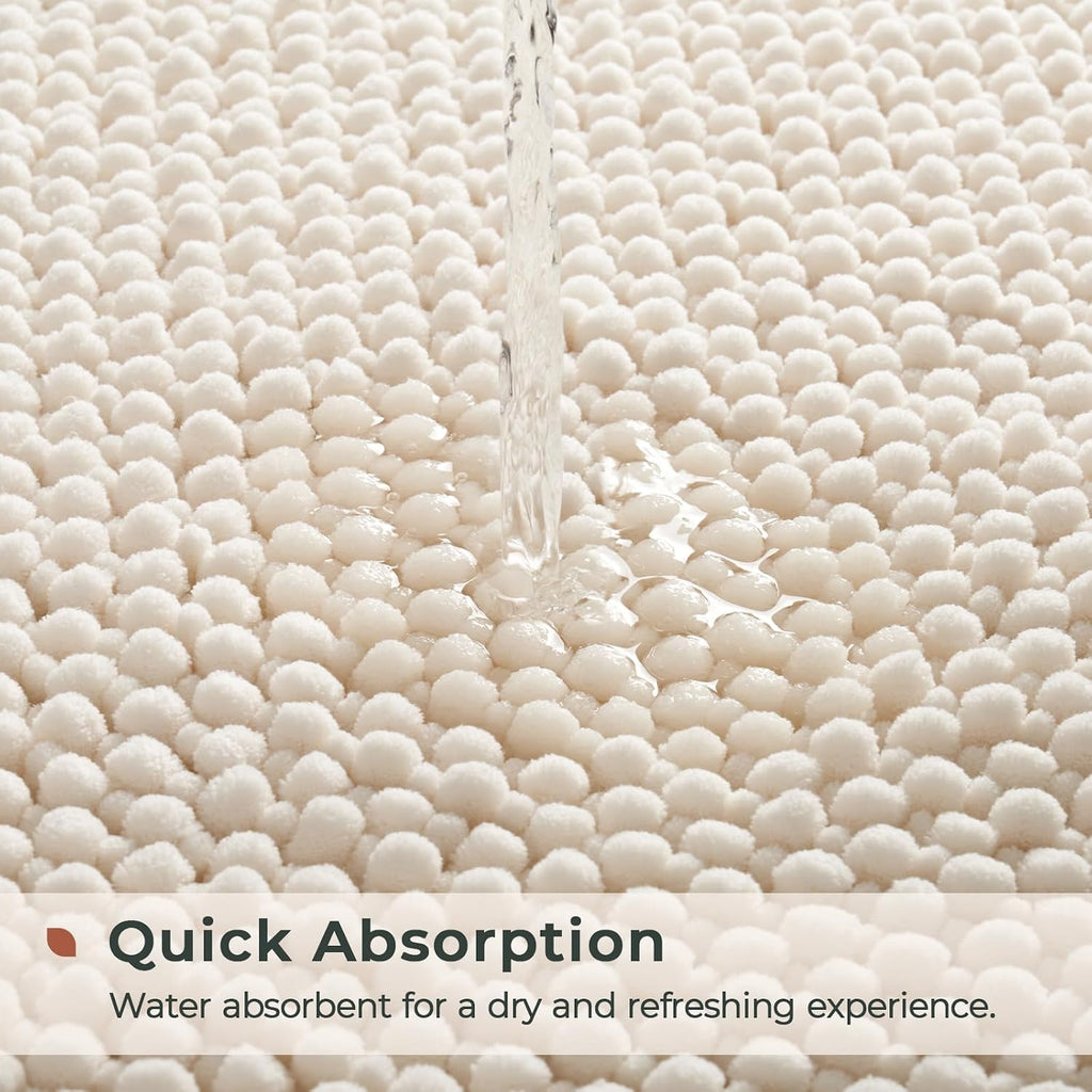 Chenille Bath Rugs Set 2 Pieces, Cream White, 17''x24''+20''x32'' | Non-Slip Bathroom Mats Set, Absorbent Fiber