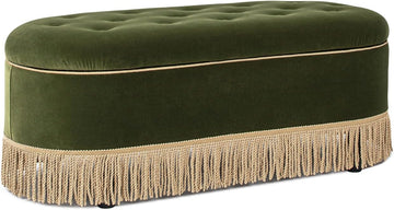 Elara 48.5" Oval Tufted Bullion Fringe Storage Bench, Olive Green Performance Velvet