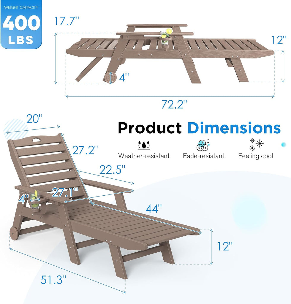 Outdoor Chaise Lounge Chair Set of 2 with Wheels & Cup Holder, HDPE Pool Lounge Chairs with 5-Position Adjustable